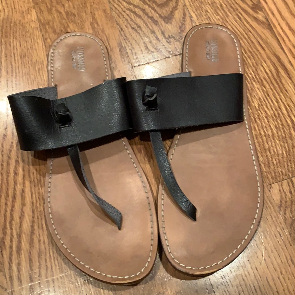 Black faux leather sandals, size 9